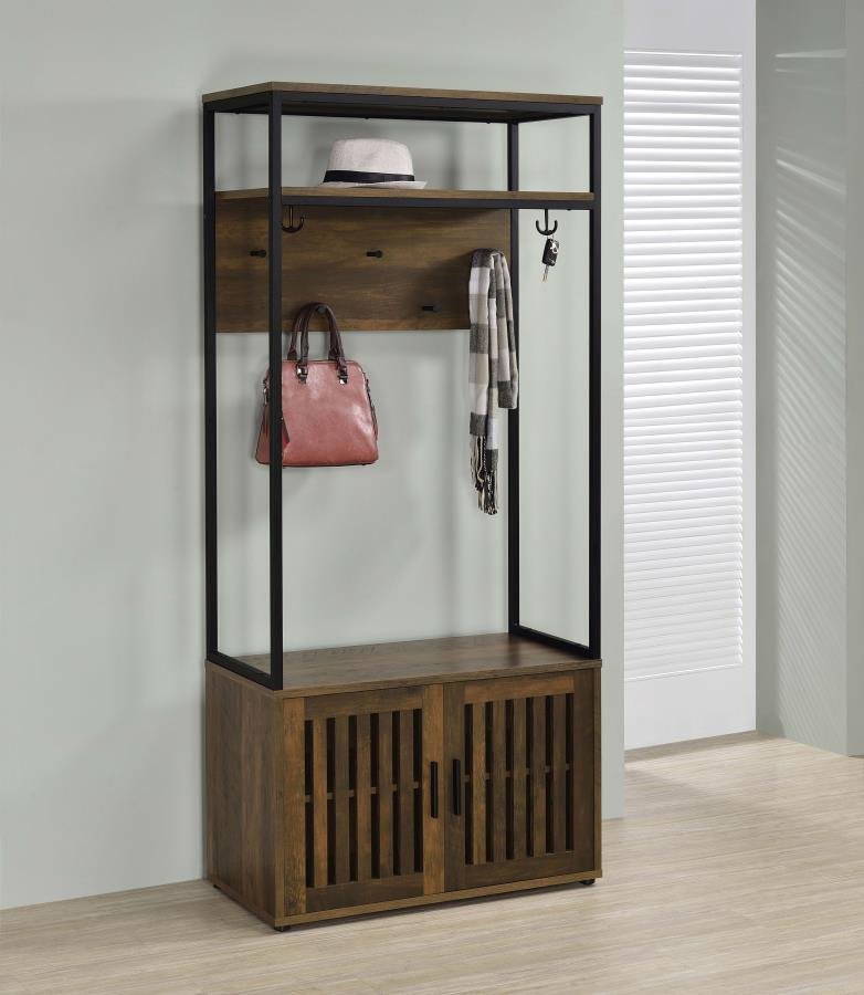 Quincy 2-door Coat Rack Hall Tree Storage Bench Dark Pine - Image 2