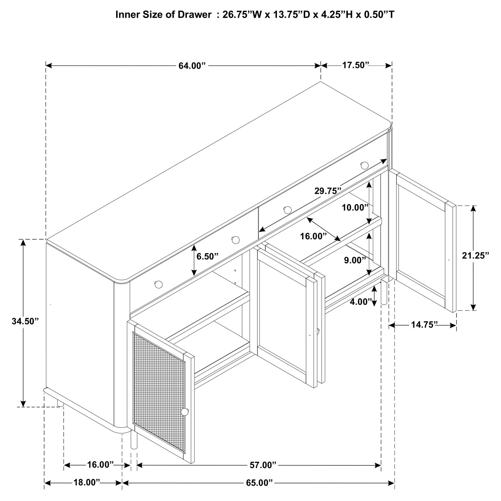 Arini 2-drawer Cane Door Dining Sideboard Server Black - Image 15