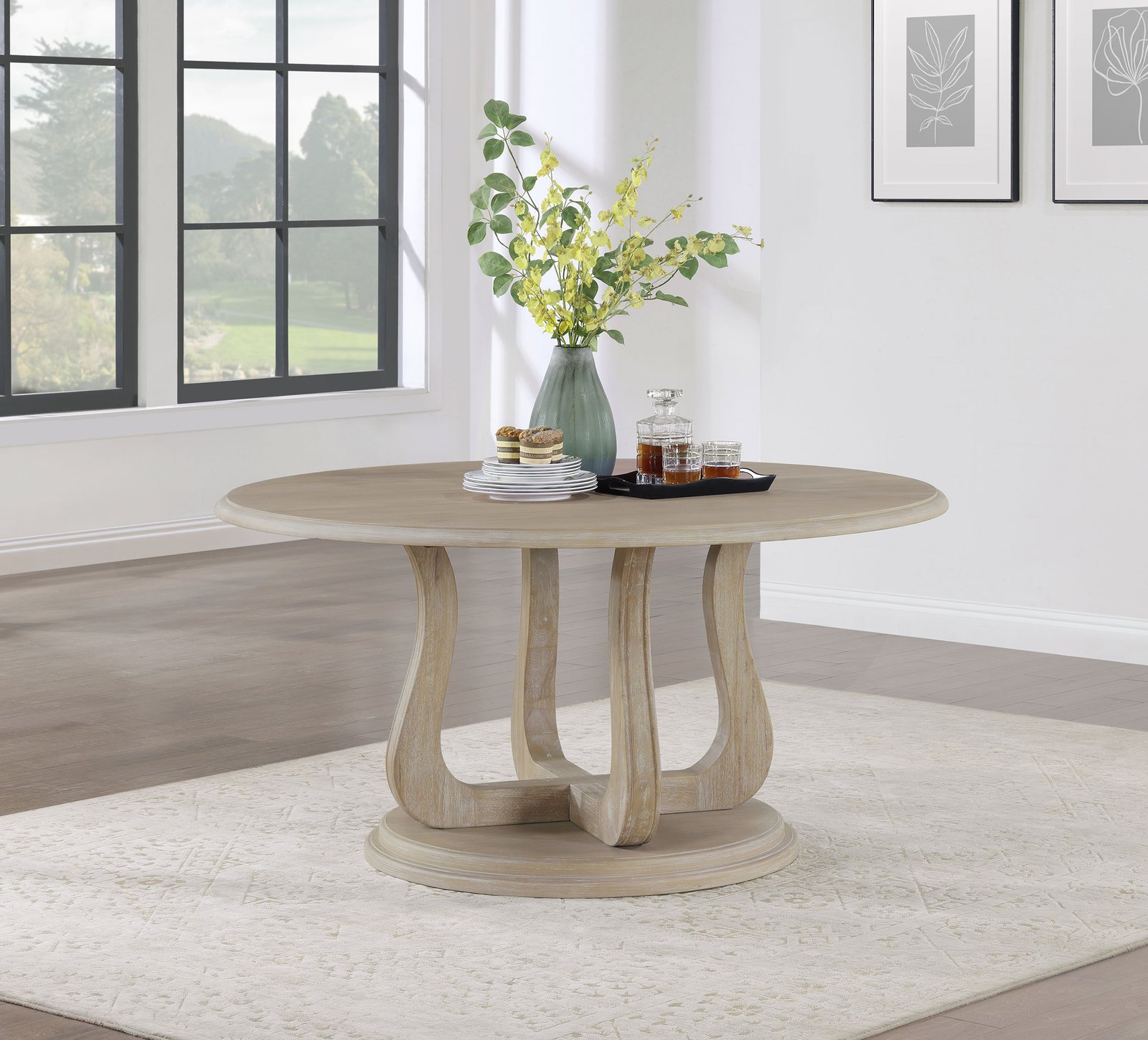 Trofello Round 60-inch Pedestal Dining Table White Washed - Image 2