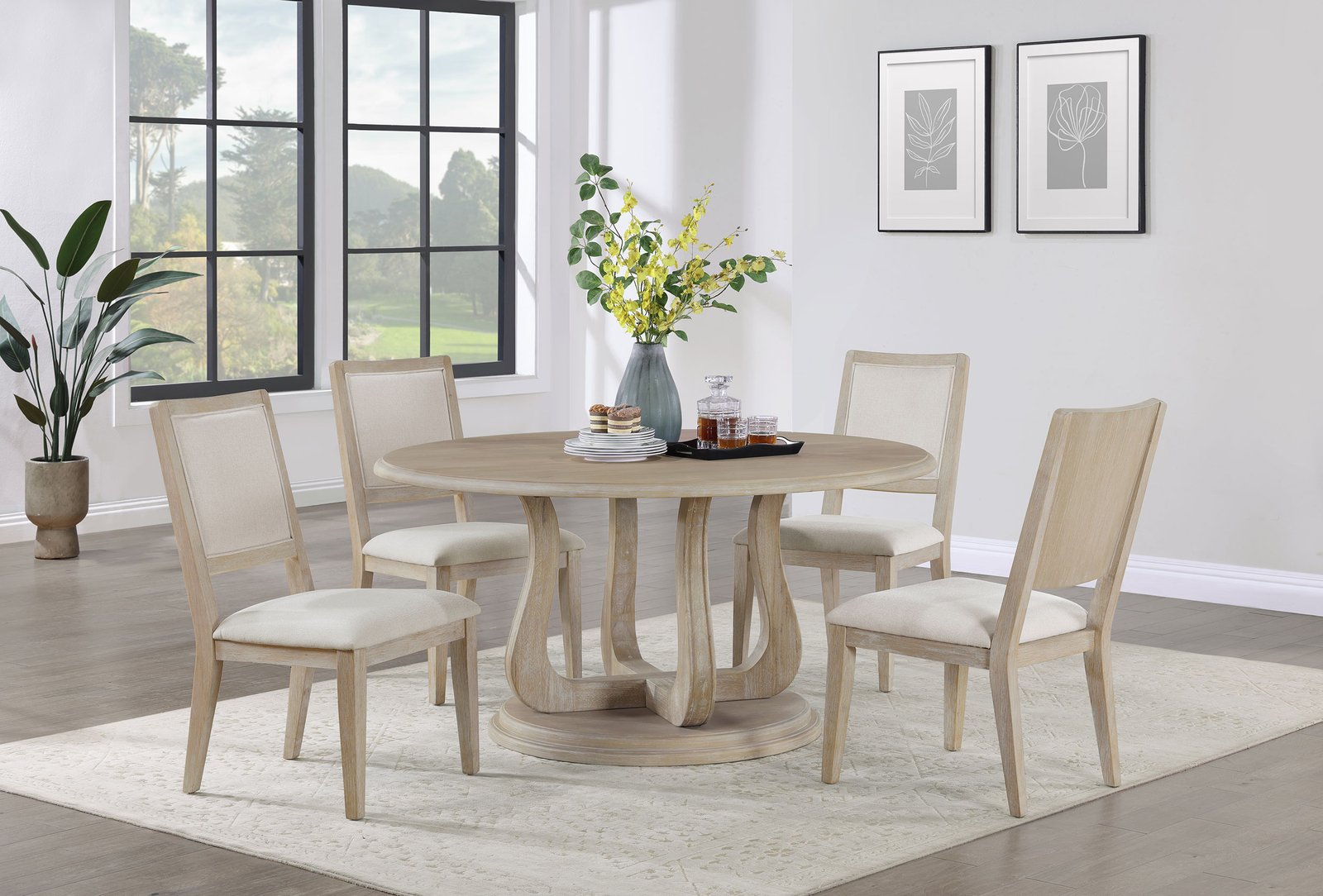Trofello Round 60-inch Pedestal Dining Table White Washed - Image 7