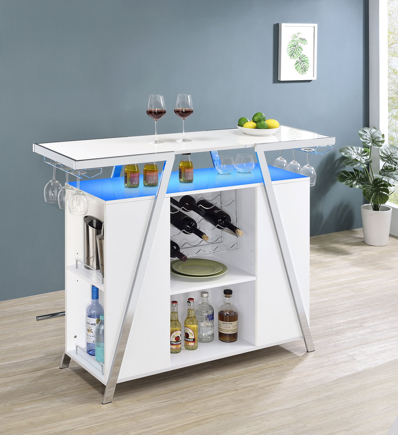 Araceli Freestanding LED Home Bar Cabinet White High Gloss - Image 6
