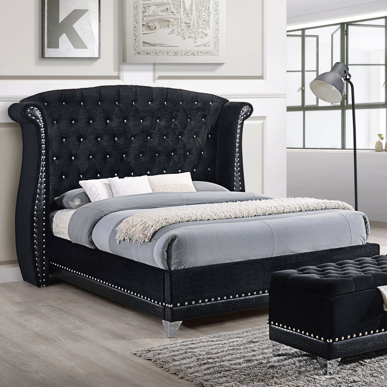 Barzini Upholstered Eastern King Wingback Bed Black - Image 2