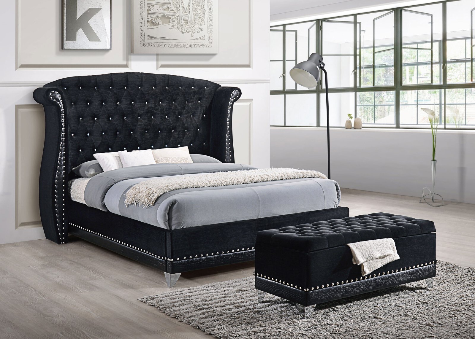 Barzini Upholstered Queen Wingback Bed Black - Image 4