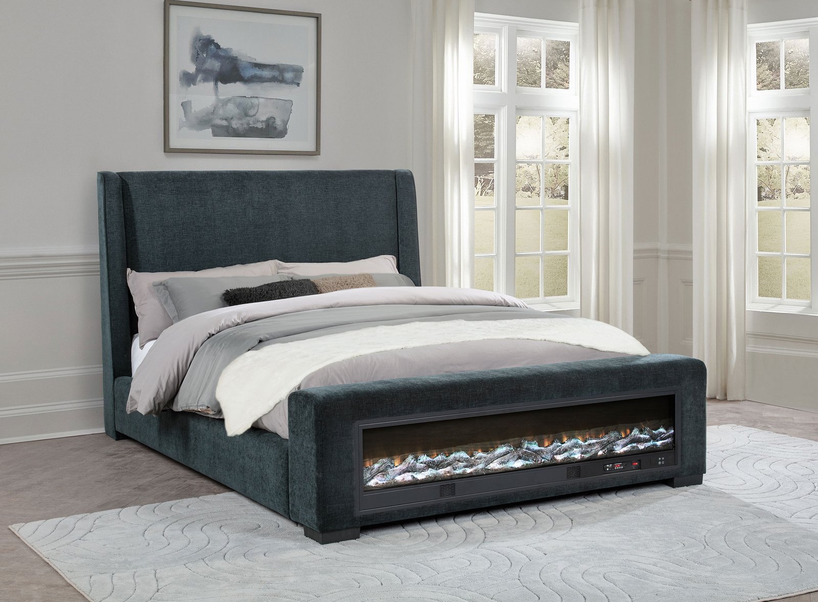 Preston Upholstered Eastern King Audio Flame Visualizer Bed Dark Blue - Image 2