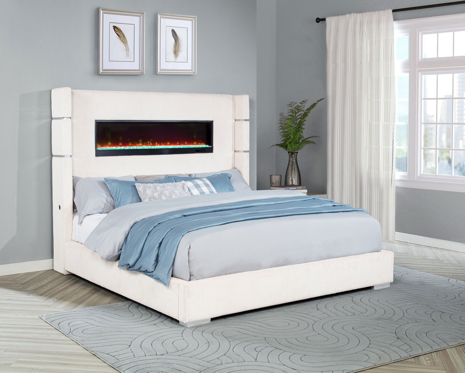 Tisdall Upholstered Eastern King Flame Visualizer Bed Cream - Image 2