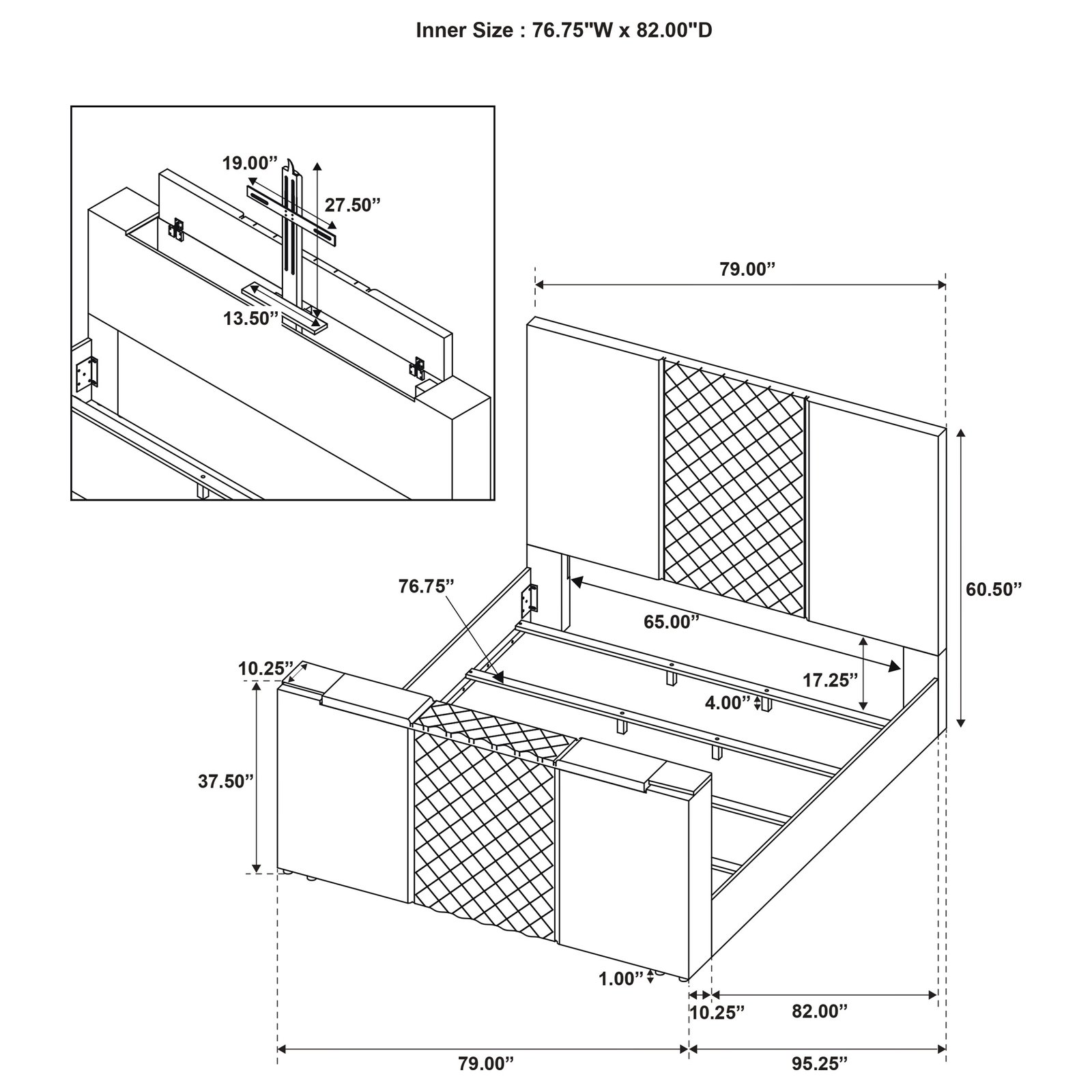 Tara 61-inch Upholstered Eastern King Panel TV Bed Grey - Image 14