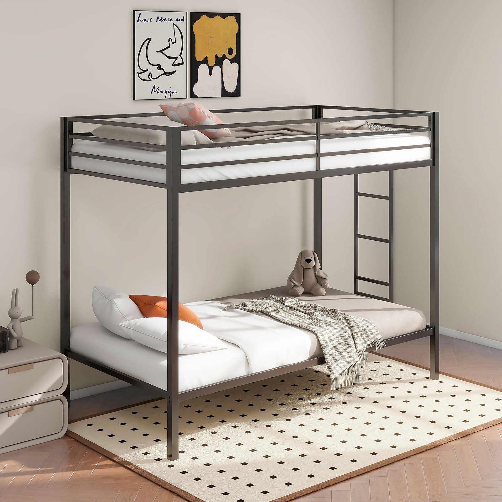 Alevera Metal Twin Over Twin Bunk Bed with Ladder Black - Image 2