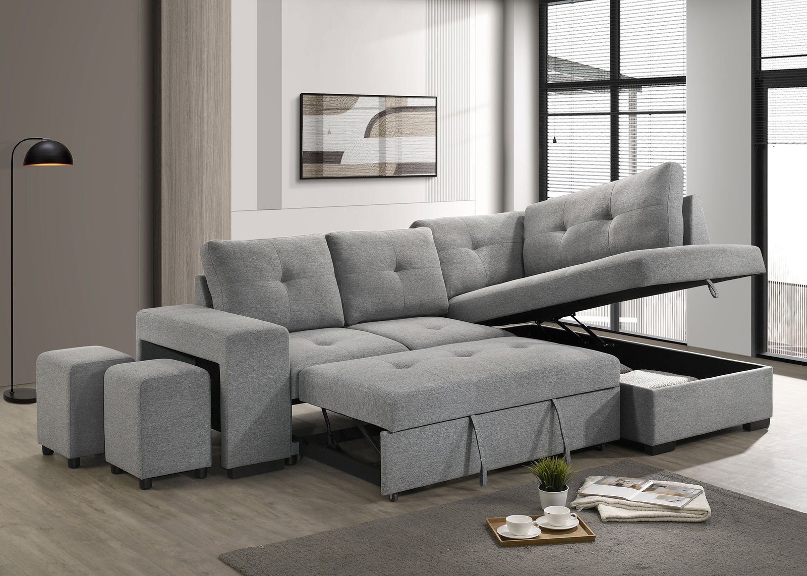 Roanne Fabric Upholstered Sleeper Sectional Sofa Grey - Image 5