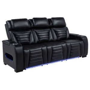 Zuma Faux Leather Dual Power Reclining LED Sofa Black